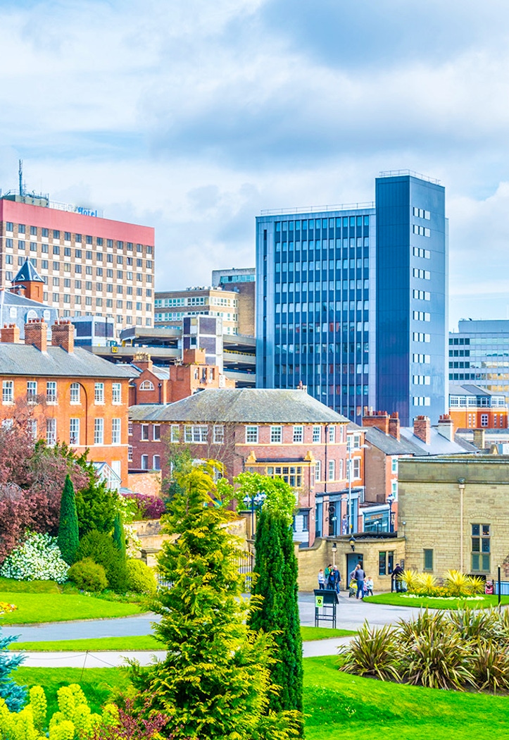 Photo of Nottingham showing city buildings and parks