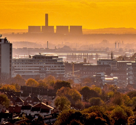Photo of Nottingham's city landscape with the sun setting